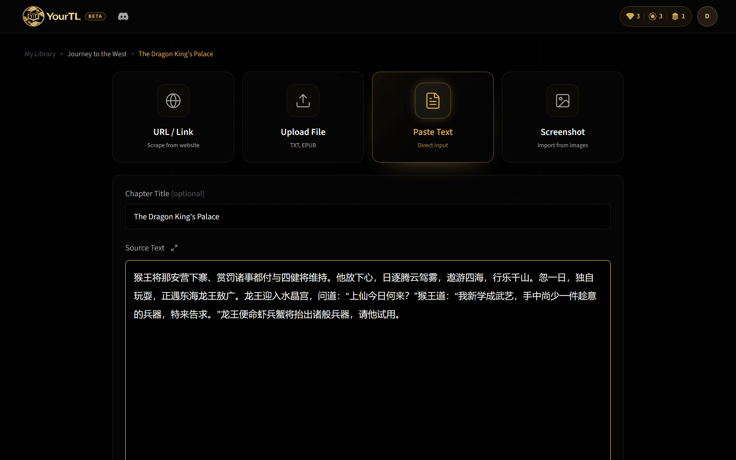 The chapter import screen shows pasted text ready for review.